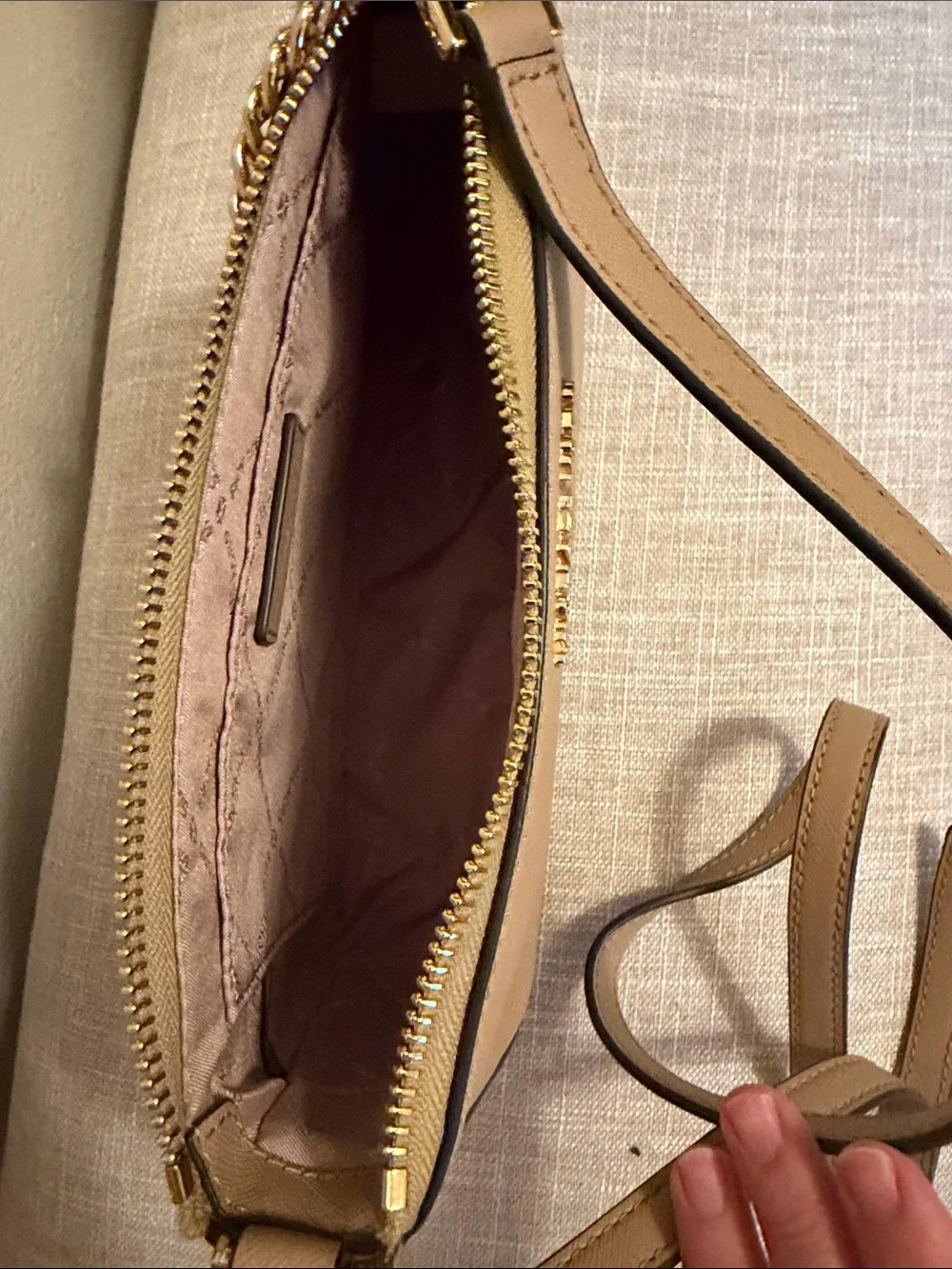 Michael Kors Beige Crossbody with Gold Hardware and Adjustable Strap